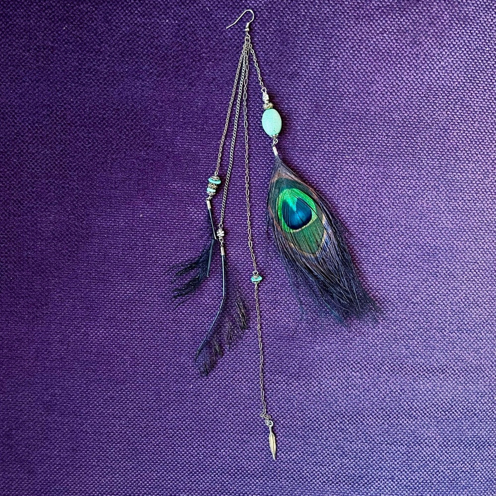 🦚 Peacock feather and chain earring long single handmade dangle